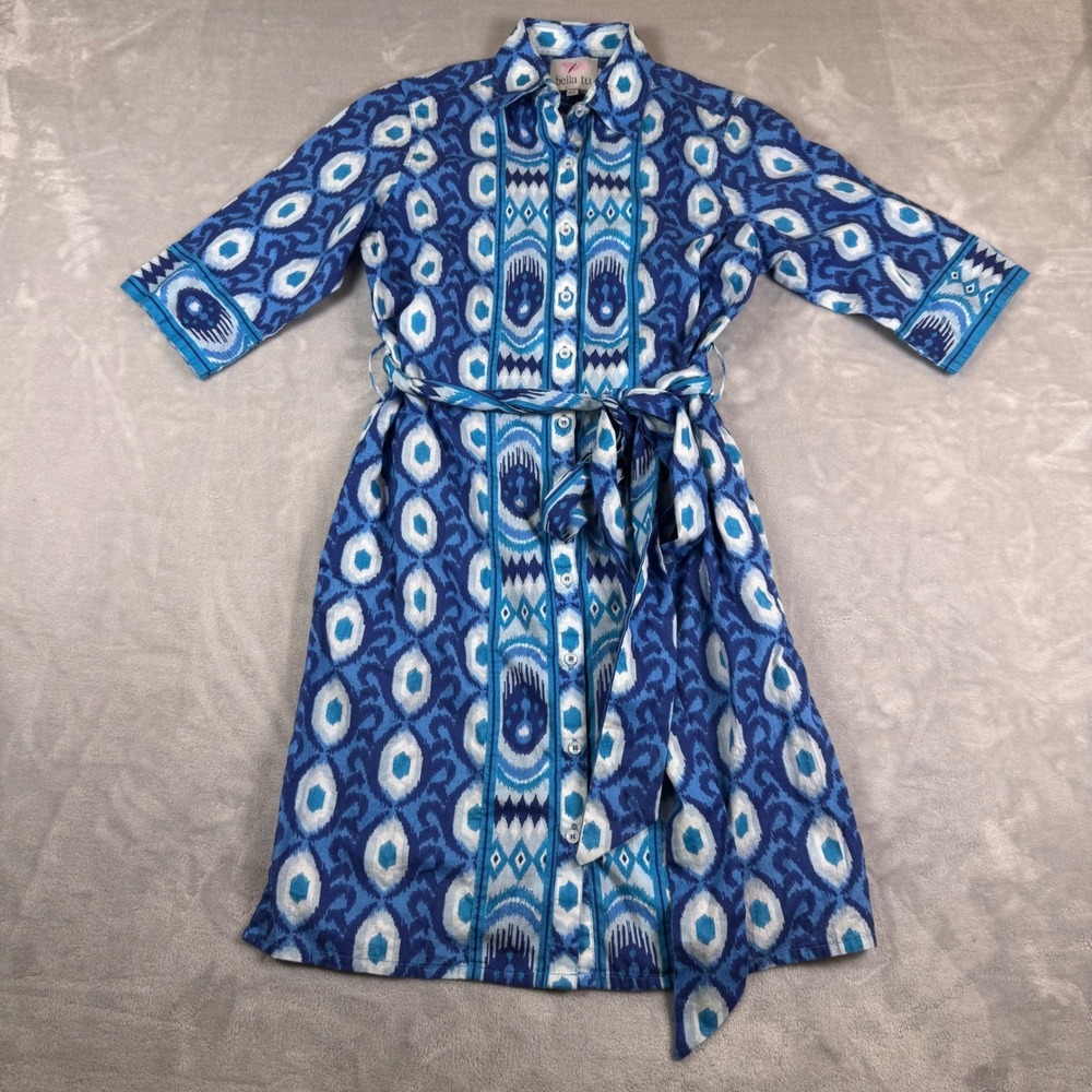 Bella Tu Blue Ikat Cotton Button Front Shirt Dress XS 3/4 Sleeve Belted - Picture 2 of 7